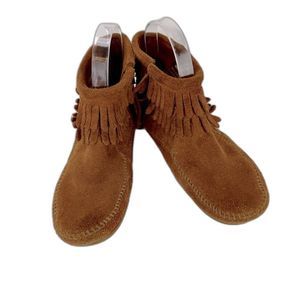 Minnetonka Kids' Ankle Moccasin Boots Size 4 Double Fringe Side Zip Leather Boho
